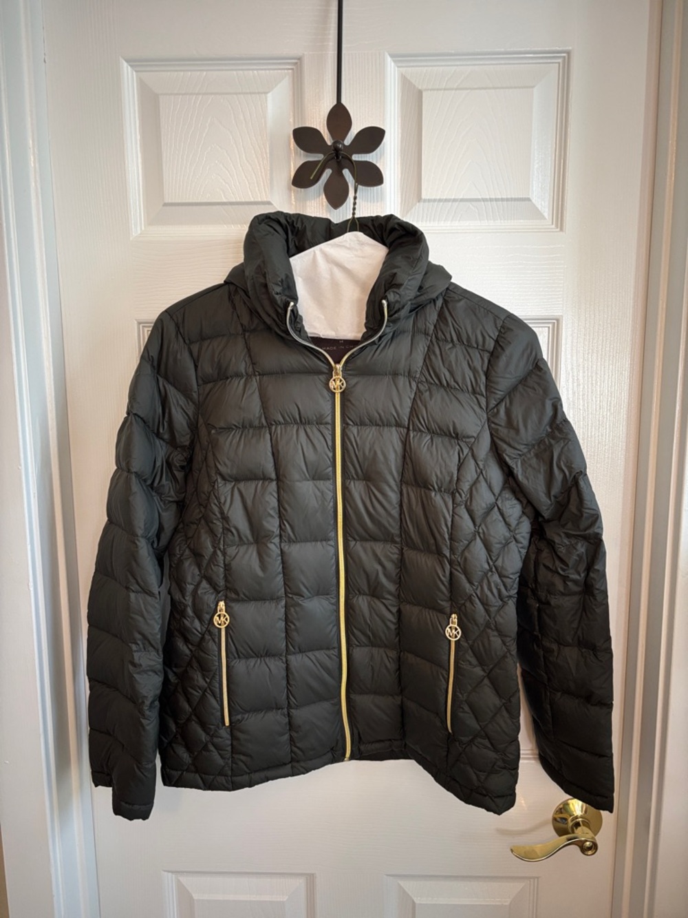 Michael Kors Dark Gray Quilted Packable Down Puffer Jacket w/Gold Accents